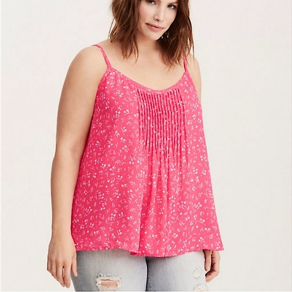 Torrid Pink Floral Pleated Chiffon Bodice Spaghetti Strap Swing Cami Top Size 3 - Picture 1 of 7